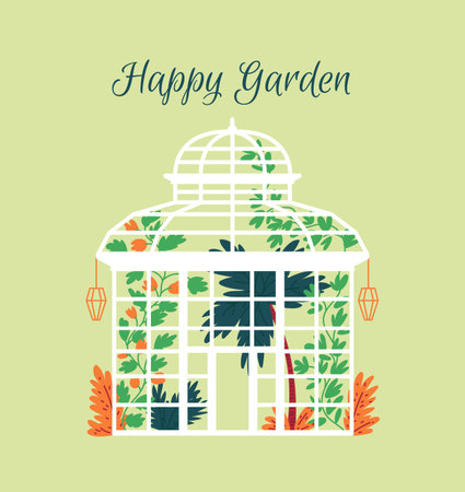Glass orangery with text Happy Garden.のイラスト素材
