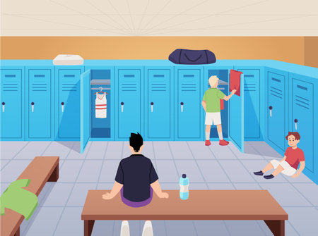 Children n sports locker changing room vector flat, athlete boys sitting on bench resting, changing clothes for trainingのイラスト素材