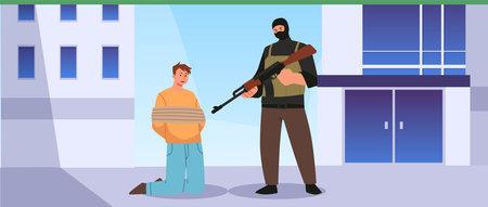 Terrorist in black mask body armor with machine gun attack young man on city street, vector criminal holding guy hostageのイラスト素材