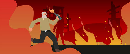 Terrorist in mask running with burning molotov cocktail bottle, protestor with flammable weapon, handmade gasoline bombのイラスト素材