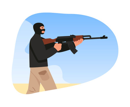 Terrorist in black mask with firearm, vector criminal person holding machine gun, killer or murderer, radical extremismのイラスト素材