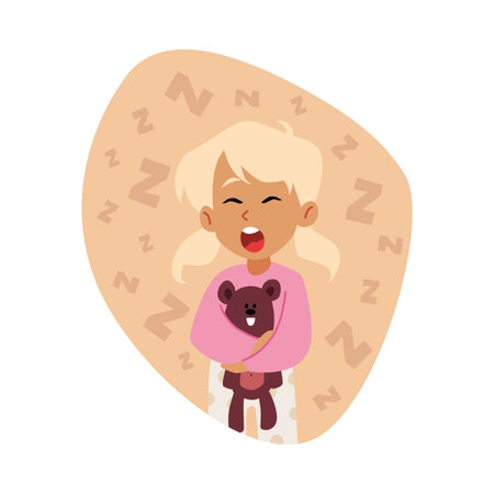 Cute sleepy blond girl wearing pajamas holding teddy bear toy and yawning vector flat kid waking up bedtime in frameのイラスト素材