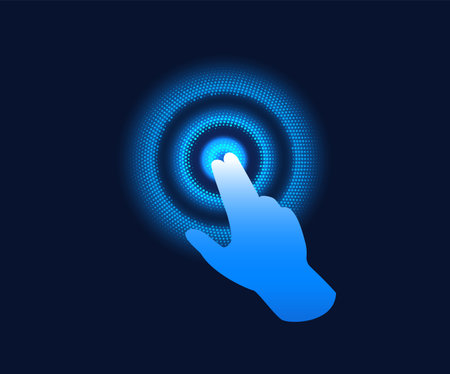 Touch effect. A blue holographic hand presses a button.のイラスト素材