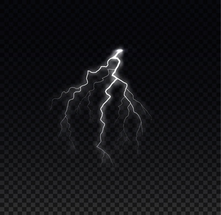 White lightning and thunderbolt, vector realistic glowing meteorology effect, light rays flash, bolt lightning flareのイラスト素材