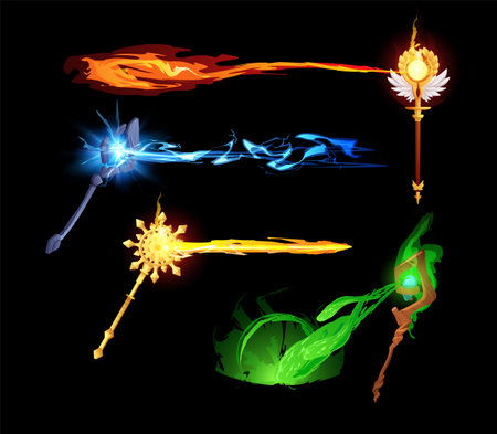 Magic wands and staffs with light effect realistic vector illustration isolated.のイラスト素材