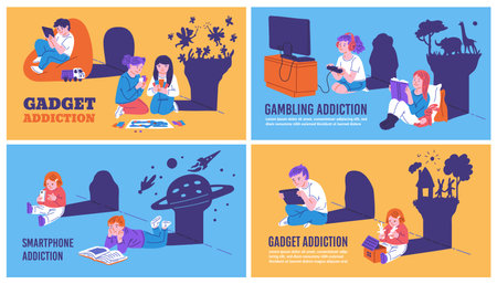 Vector banners about childrens gadget habits, addiction.のイラスト素材