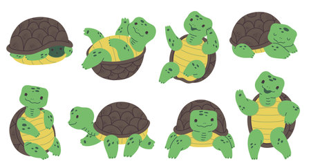 Cheerful turtles character poses vector setのイラスト素材