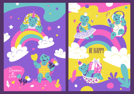 Joyful turtles with uplifting messages vector setのイラスト素材