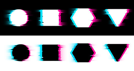 Glitch and digital noise effect of various frames vector set, distorted glitched triangle, square, circle hexagon shapesのイラスト素材