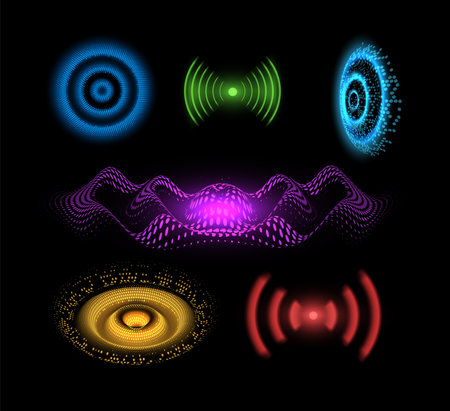 A set of images and echo waves in vibrant colors.のイラスト素材