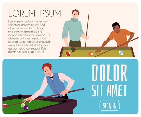 Collection of vector illustrations of billiards competitions: billiards players in action with cues and balls,のイラスト素材