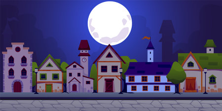 Medieval town street in night full moon light vector flat, old vintage cityscape, pavement, stone mansions, clock towerのイラスト素材