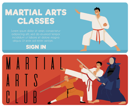 A set of two vector illustrations featuring characters in fighting poses from various martial arts.のイラスト素材