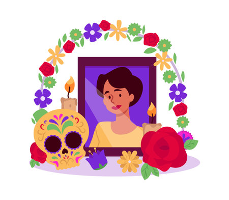 Dia de los Muertos. Photo of a woman in a frameのイラスト素材