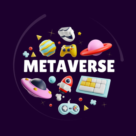 Game metaverse 3D vector poster, joystick, vr glasses, rocket and planets floating in cosmic space, gaming universeのイラスト素材