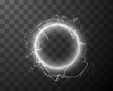 Circle thunderbolt white bolt lightning effect, vector magical ring portal with light rays, electricity and explosionのイラスト素材