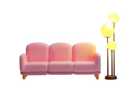 3D sofa with triple cushions, wooden legs and a lamp isolated on a white background.のイラスト素材