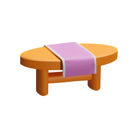 Elegant 3D oval wooden table with a tablecloth in the form of a pathのイラスト素材