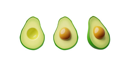 Cartoon 3D avocado set; half with and without pit.