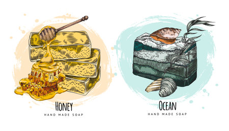 Set of handmade honey soap and blue ocean soap.のイラスト素材
