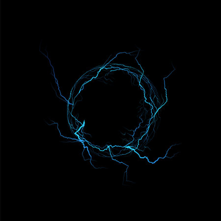 Magic circle of thunderbolt blue bolt lightning effect, vector realistic electricity blast effect...