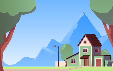 Suburban house with mountains vector illustrationのイラスト素材