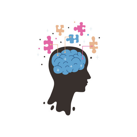 Illustration of a man with a blue brain and colorful puzzle pieces. on an isolated background.のイラスト素材