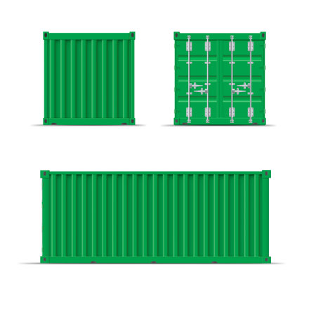 Cargo ship container vector mockup set, green transportation metal freight storage with closed door...