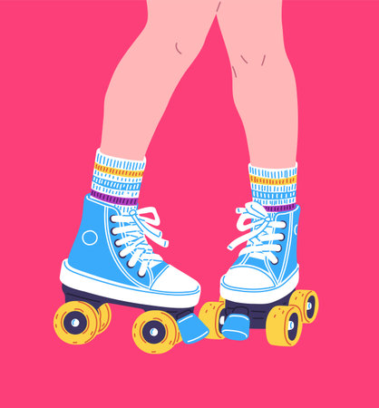 Teenager roller skating, vector girl skater on rollerblades on pink, legs on blue retro roller...