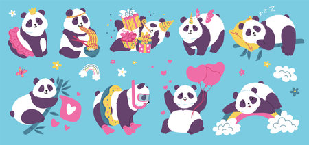 Cartoon pandas adorable asian characters cartoon vector illustration isolated.のイラスト素材