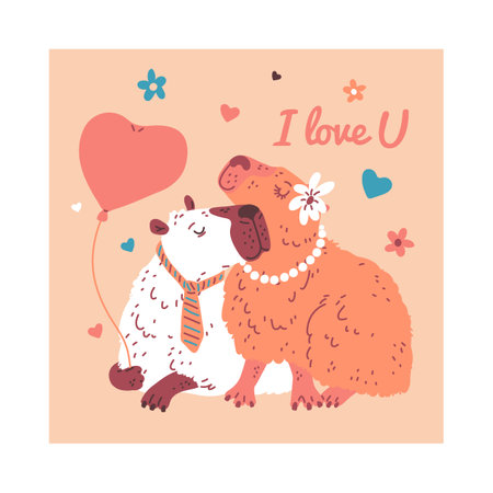 Cute capybaras couple in love, cartoon romantic Valentine card vector design with I love you inscription, flowers, heartのイラスト素材