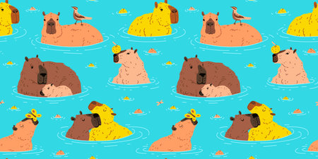 Capybara swimming in water, seamless illustration.のイラスト素材