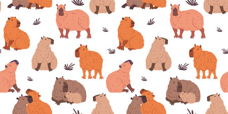 Seamless vector pattern capybaras in various poses: sitting, standing and a cub with its motherのイラスト素材