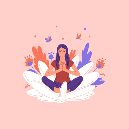 The vector illustration depicts a woman in a lotus position performing breathing exercises for relaxationのイラスト素材