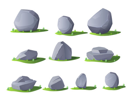 Cartoon stones on ground, set of vector illustrations isolated on whiteのイラスト素材