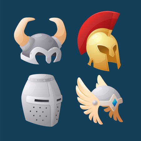 Knight and gladiator helmets game design set, flat vector illustration isolated.のイラスト素材