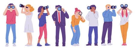 People with binoculars in vector set. Flat cartoon style.のイラスト素材