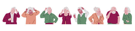 Set of elderly men and women holding their heads in anxiety.のイラスト素材