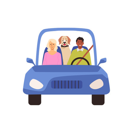 A cute married couple and their dog are driving in a blue car.のイラスト素材