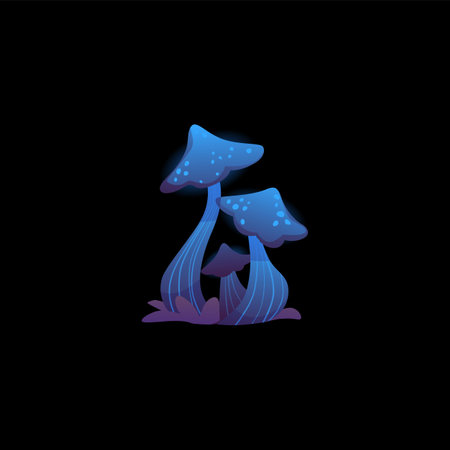 Vector illustration of fancy blue mushrooms on a black background.のイラスト素材