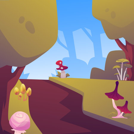 Charming vector illustration depicting mushrooms: fly agaric and toadstools in the forest among the treesのイラスト素材