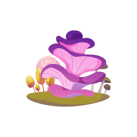 Fantasy alien mushrooms group vector illustration, cartoon magic unusual fungi many hats, fantastic game fungus plantのイラスト素材