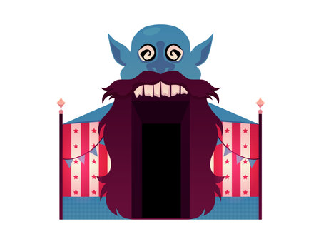Illustration of a horror house entrance in the form of an open mouth of a blue goblin with a beard.のイラスト素材