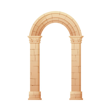 Ancient arch column with leaves molding, vector antique architecture beige marble stone archway entrance gate on pillarsのイラスト素材