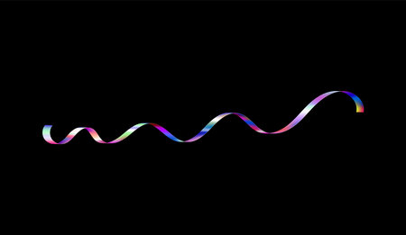 Realistic holographic ribbon vector icon, gradient shiny narrow undulating tape colorful foil effect...