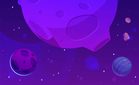 Vector illustration of planets with craters, asteroids, moons, meteorites on a background of bright starsのイラスト素材