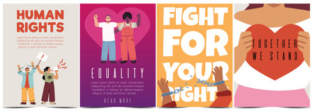 Human rights, equality, community society tolerance vector flat posters set, hands with broken...