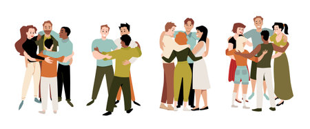 Young people group hug vector set, cartoon happy men women hugging together, support team embrace, multiracial communityのイラスト素材