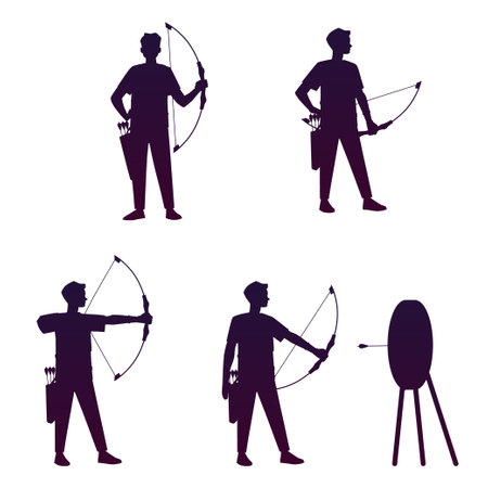 Professional archer man hit the target black silhouette vector illustrations set, cartoon archery sport, shooter bowmanのイラスト素材