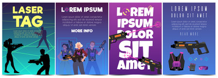 Laser tag players people with laser gun, game invitation advertising posters vector set, gamers, combat equipment weaponのイラスト素材
